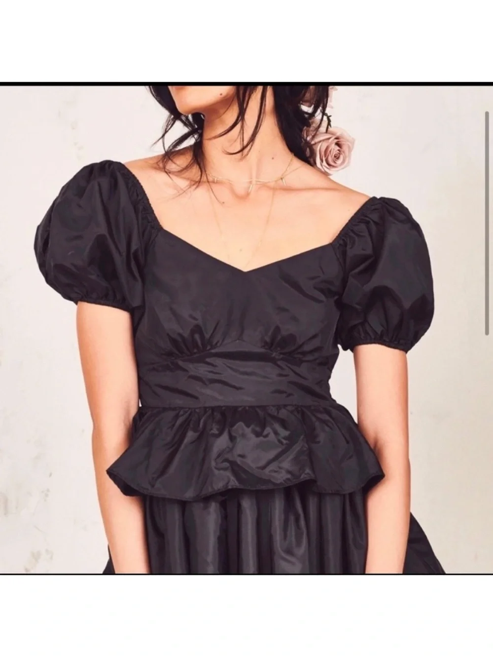 LoveShackFancy Delta Soft Taffeta Puff Sleeve Peplum Top in Black Size 6